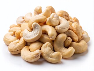Fototapeta premium Fresh Cashew Nuts on a Crisp White Background Perfect for Culinary Themes and Healthy Snacking Ideas, Showcasing the Natural Texture and Color of Cashews