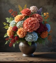 Fototapeta premium Autumn bouquet with roses and hydrangeas in a rustic vase, rose bouquet, country charm
