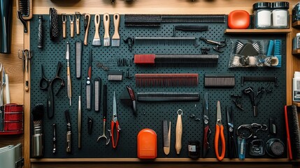 Flatlay of various hairdressing and grooming tools organized on a dark surface.