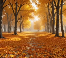 Fototapeta premium A sea of yellow and orange leaves blanketing the ground, forest ground, leaf litter