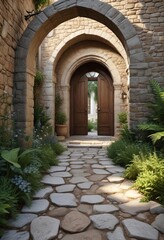 Fototapeta premium A rustic stone pathway leads to a spacious arched doorway, garden, wooden gate, stone pathway