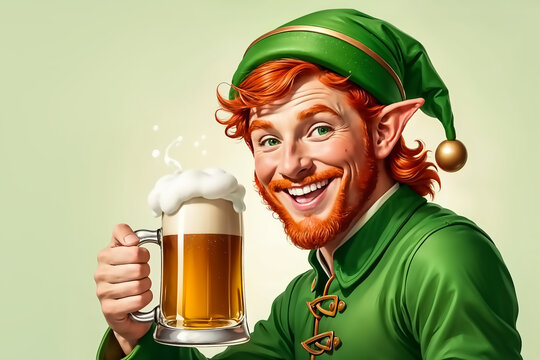 A cheerful red-haired drunk Irish elf in a green cap smiles and holds out a mug of foamy beer, congratulating on St. Peter's Day