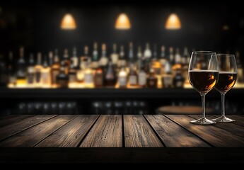 A cozy bar scene featuring two elegant glasses of wine on a rustic wooden table