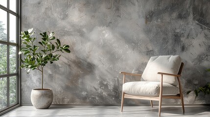 Chic interior showcasing a sleek armchair and a leafy plant beside a neutral plaster wall