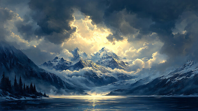 A dramatic storm rolling over snow-capped peaks, with sunlight breaking through dark clouds (1)