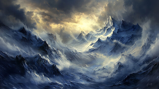  A dramatic storm rolling over snow-capped peaks, with sunlight breaking through dark clouds (3)