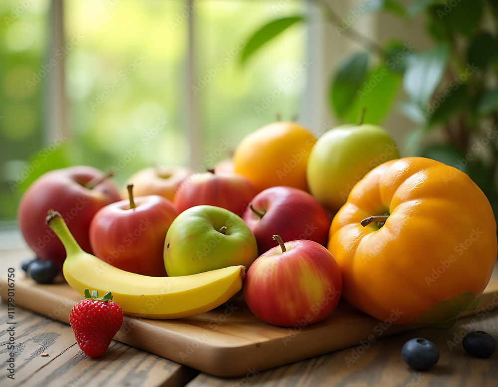 Aufkleber fresh fruit arranged naturally on a wooden table with plenty of natural light for a healthy and invi