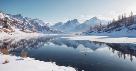 Fototapeta premium snow-covered landscape with rolling hills and frozen lake , serene beauty, frozen lake, frosty conditions