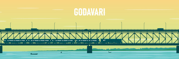 Godavri River on bridge, sunset on the river, Train on bridge background, bridge nature background