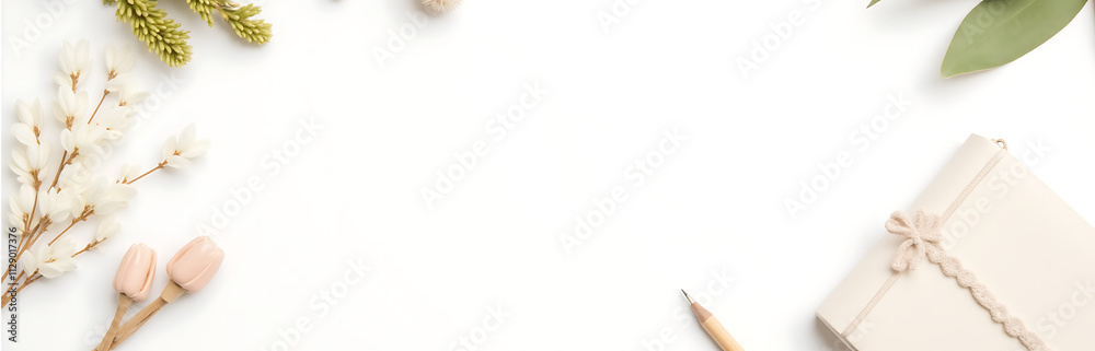 Aufkleber flat lay design features top view of mock up accessories and dry flowers arranged elegantly on a whi