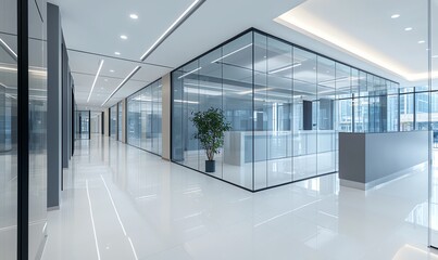 Modern office interior with glass partitions and sleek design. Brightly lit spaces enhance productivity and collaboration in a professional environment.