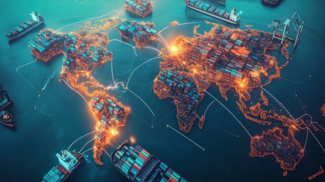 Vibrant world map with glowing trade routes connecting China globally