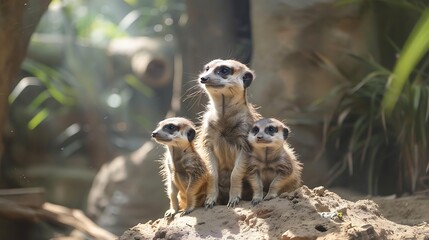 Fototapeta premium Three meerkats, two young and one adult, sit alertly on a mound of sand, basking in sunlight.