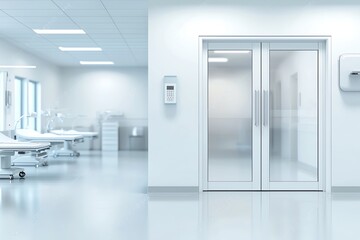 A modern hospital hallway featuring a sliding glass door, clean lines, and bright lighting