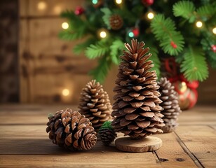Fototapeta premium A beautifully decorated pine cone Christmas tree on a rustic wooden table with a natural green background , Christmas tree, rustic decor