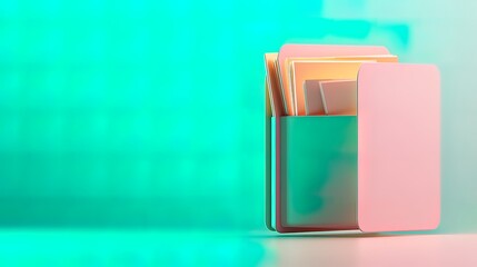 Pastel pink folder icon with documents, on a teal background.
