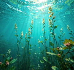 Naklejka premium Underwater view of submerged aquatic plants in Leith Water, Scottish rivers, river ecology, water lilies