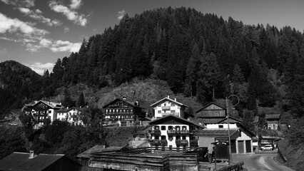 View of the Zoppe di Cadore commune at the foot of the majestic Mount Pelmo, province of Belluno in Veneto, Dolomites area, Italy. 