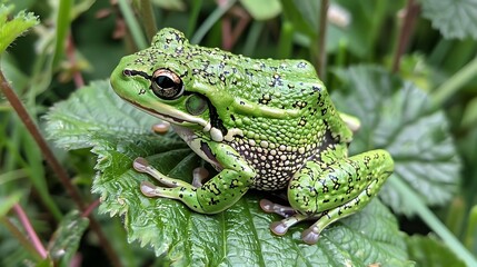 Obraz premium Close-up of a vibrant green frog perched on a lush green leaf amidst verdant foliage.