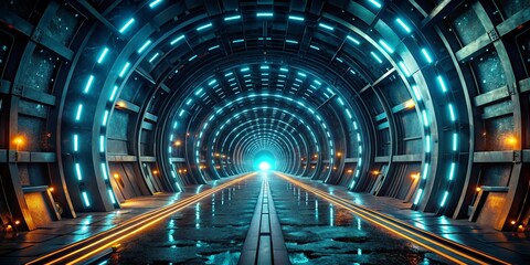 Futuristic Dark Tunnel with Glowing Edges Illuminating the Pathway for a Sci-Fi Journey in a Night Photography Setting