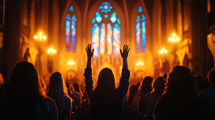 A woman is holding her hands up in the air in front of a large crowd