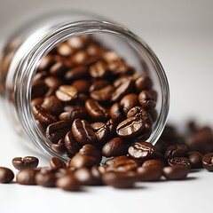 Coffee Beans Spilling from Glass Jar on Clean White Surface