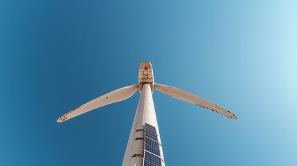 Renewable Energy Wind Turbine and Solar Panel Against Blue Sky