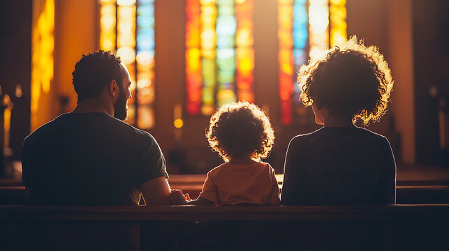 A family of three sits in a church pew