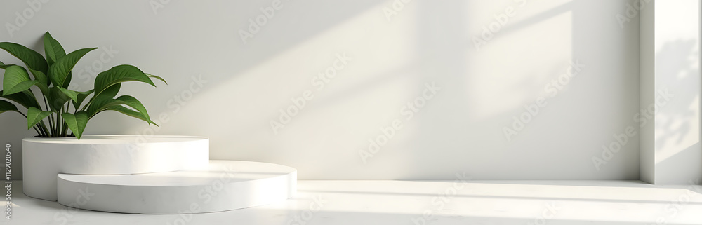 Poster elegant white geometric stone podium features a natural design with leaves and a minimalist style fo