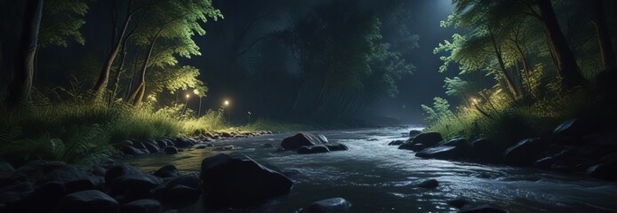 River flowing through a dense forest at night, night, serene scene