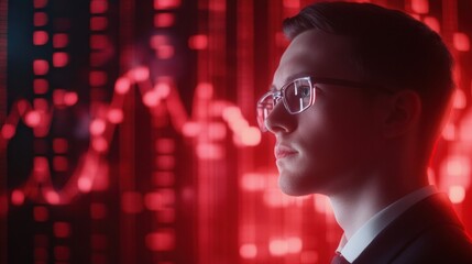A focused individual in glasses stands against a backdrop of red data visualization, suggesting themes of finance and technology.