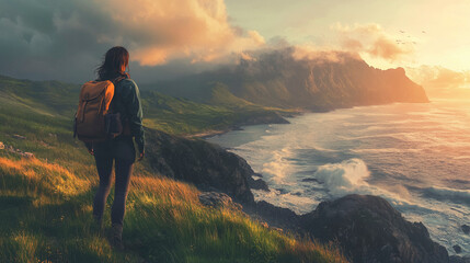 Fototapeta premium Solo Hiker with Backpack on Cliffs at Dusk