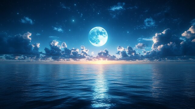 calm blue sea with night Sky with blue moon in clouds - Powered by Adobe