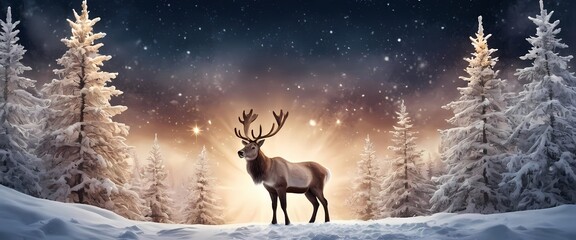 A cheerful reindeer stands in a snowy forest under glowing stars, creating a magical holiday scene