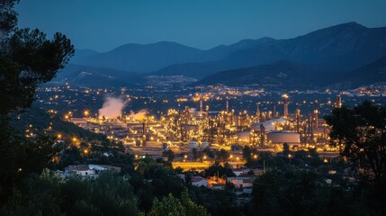 Fototapeta premium Night View of Industrial Complex Nestled in Mountainous Terrain