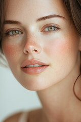 Naklejka premium Portrait of a Beautiful Woman with Smooth, Radiant Skin and Minimal Makeup