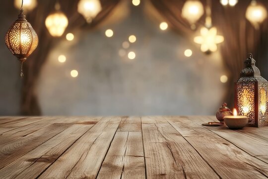 Wooden table with lanterns and bokeh lights; festive background.