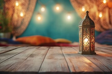 Illuminated Moroccan lantern on rustic wooden table with bokeh background.
