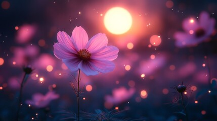 Beautiful pink cosmos flowers bloom in the garden with night sky and full moon