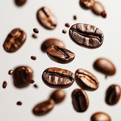 Fototapeta premium Floating Coffee Beans on Light Background for Culinary and Beverage Use