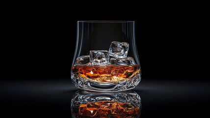 A glass of whiskey with ice cubes on the bar counter.