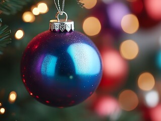 Fototapeta premium A shimmering blue Christmas ornament hangs on a tree