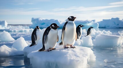 Obraz premium Gentoo penguins on iceberg in Antarctic sea.