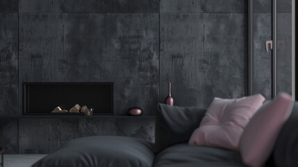 A minimalist grey and pink interior. A lit fireplace with candles, a sofa decorated with pink pillows, a cozy blanket, and modern lamps.