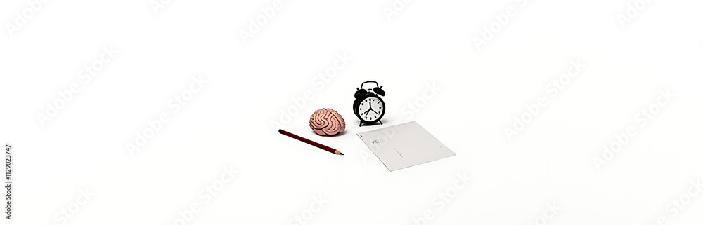 Poster creative performance ideas using a pencil, brain, drawing paper, and an alarm clock set against a si