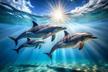 Obraz premium Graceful Dance of Three Dolphins Swimming in Harmony Under a Clear Blue Ocean, Capturing the Essence of Marine Life and Natural Beauty in High Depth of Field