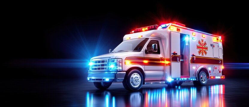 Brightly lit ambulance in action at night, highlighting emergency medical services with vivid red and blue lights against a dark background.