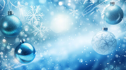 Abstract blue background with snowflakes and Christmas ornaments.