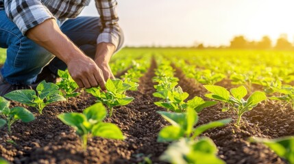 Farmer examining young soybean seedlings in vibrant crop field under sunlight