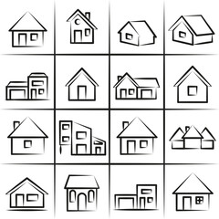 Fototapeta premium Houses and huts line vector icons. A collection of icons of houses. EPS 10.